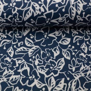 Stretch-Satin Martha, naturweiße Blumen auf petrol